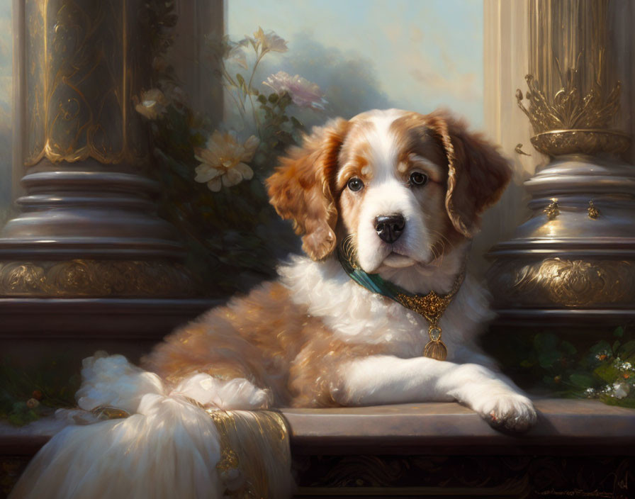 Brown and White Fluffy Dog with Gold Collar in Elegant Setting