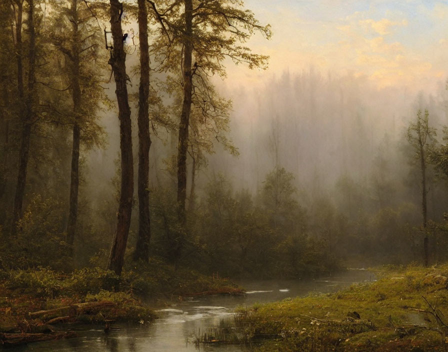 Tranquil forest scene with mist, stream, tall trees, and soft light