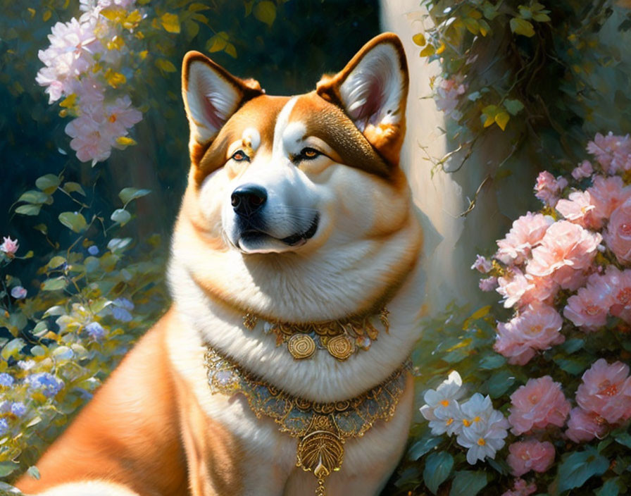 Serene Shiba Inu Dog with Golden Necklace Surrounded by Flowers