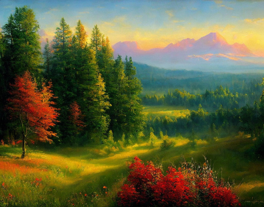 Colorful landscape painting of serene meadow with lush greenery and distant mountains at sunrise