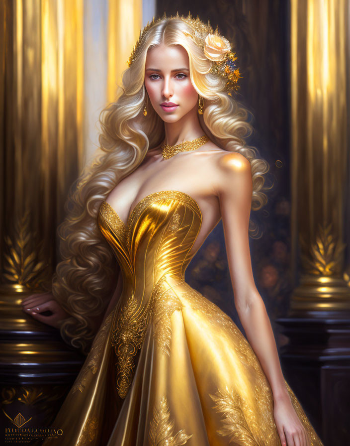 Blonde woman in golden gown in ornate room