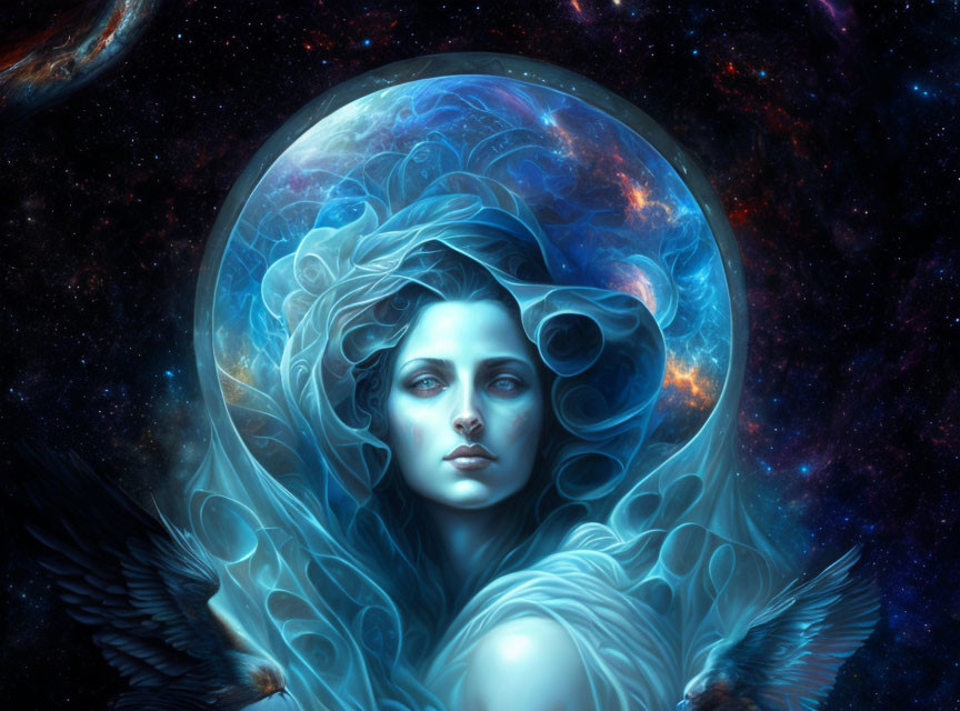 Woman with Blue Patterns in Cosmic Setting: Moon, Stars, and Intricate Designs