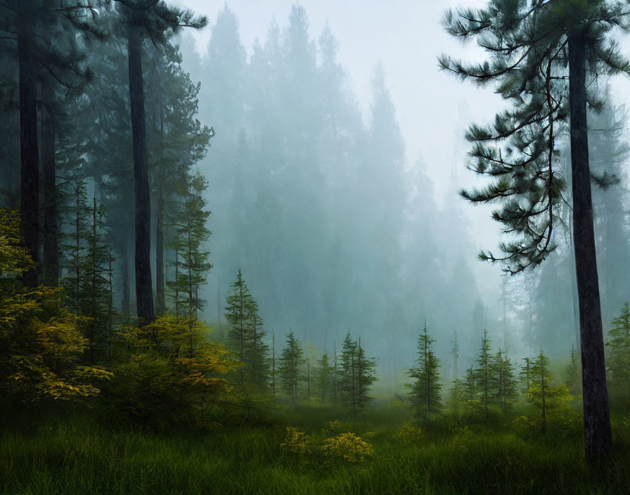 Misty forest with tall pines and yellow-green undergrowth