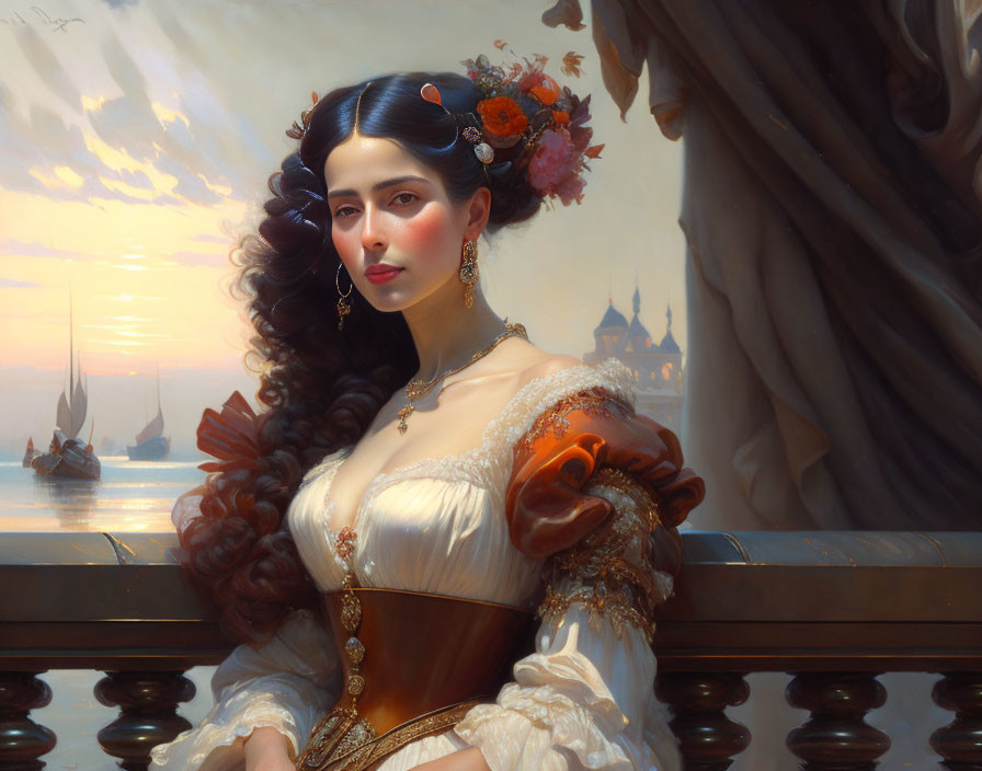 Historical woman with ornate hairstyle by balcony overlooking serene seascape