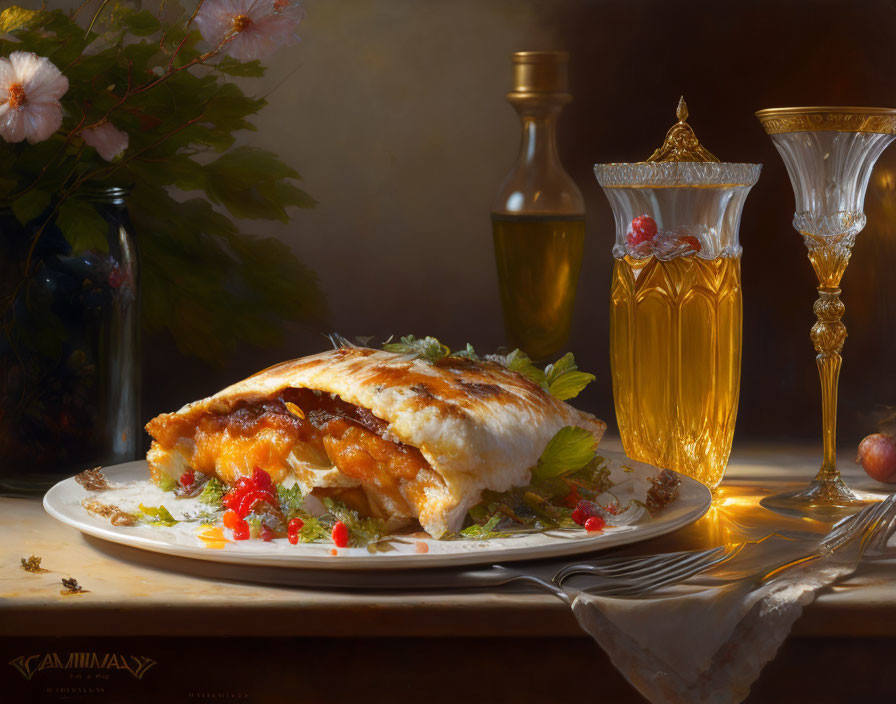 Elegant still life with pie, goblet, glass, and flowers