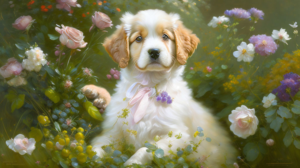 Fluffy White and Tan Puppy Surrounded by Blooming Flowers