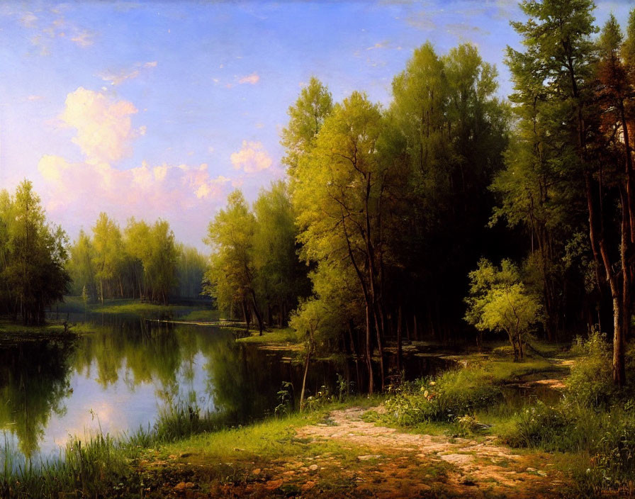 Serene forest landscape with reflective lake and lush green trees