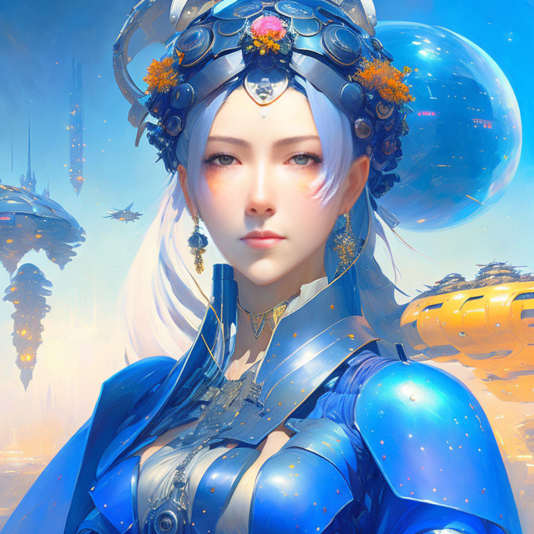 Digital artwork: Pale woman in blue armor against futuristic cityscape