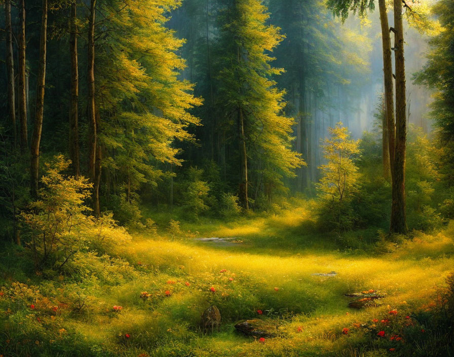 Lush forest with vibrant green foliage and red flowers in morning sunlight