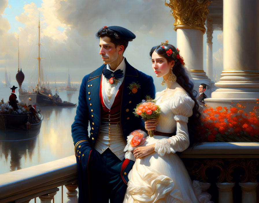 Regal couple in vintage attire overlooking harbor