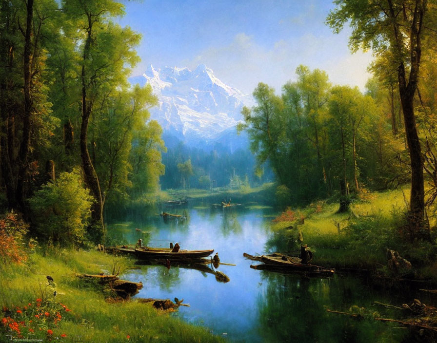 Tranquil lake with boats, fishing person, greenery, snow-capped mountain