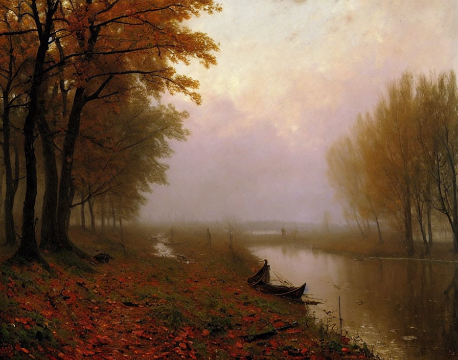 Tranquil autumn riverbank with boat, fallen leaves & misty backdrop