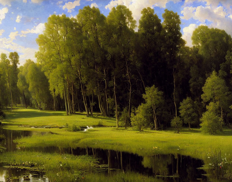 Tranquil landscape: lush meadows, serene water, dense woods, blue sky.