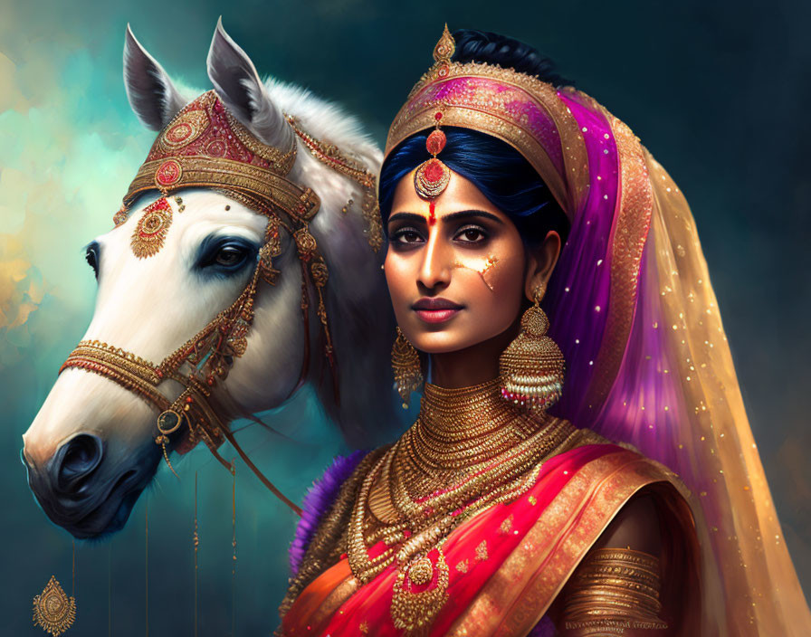 Indian Woman in Traditional Attire with Ornate Jewelry and White Horse