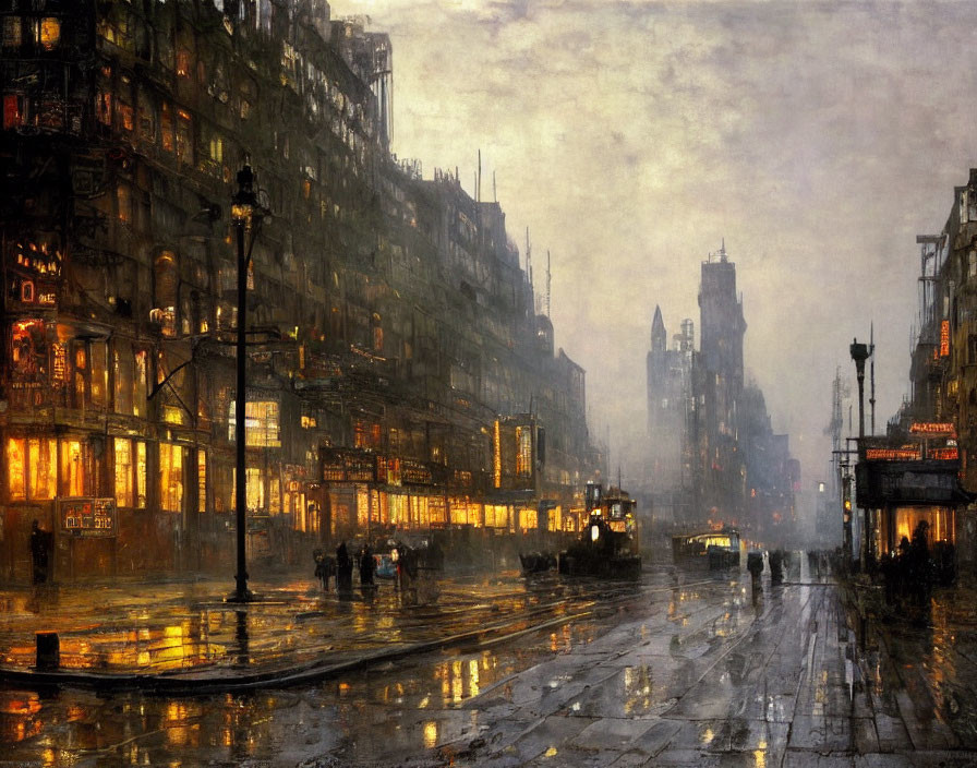 Bustling city street on a rainy evening with glowing lights and silhouettes of people and tr