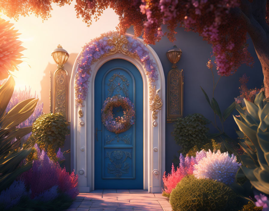 Enchanting blue door with floral wreath and lanterns in lush setting