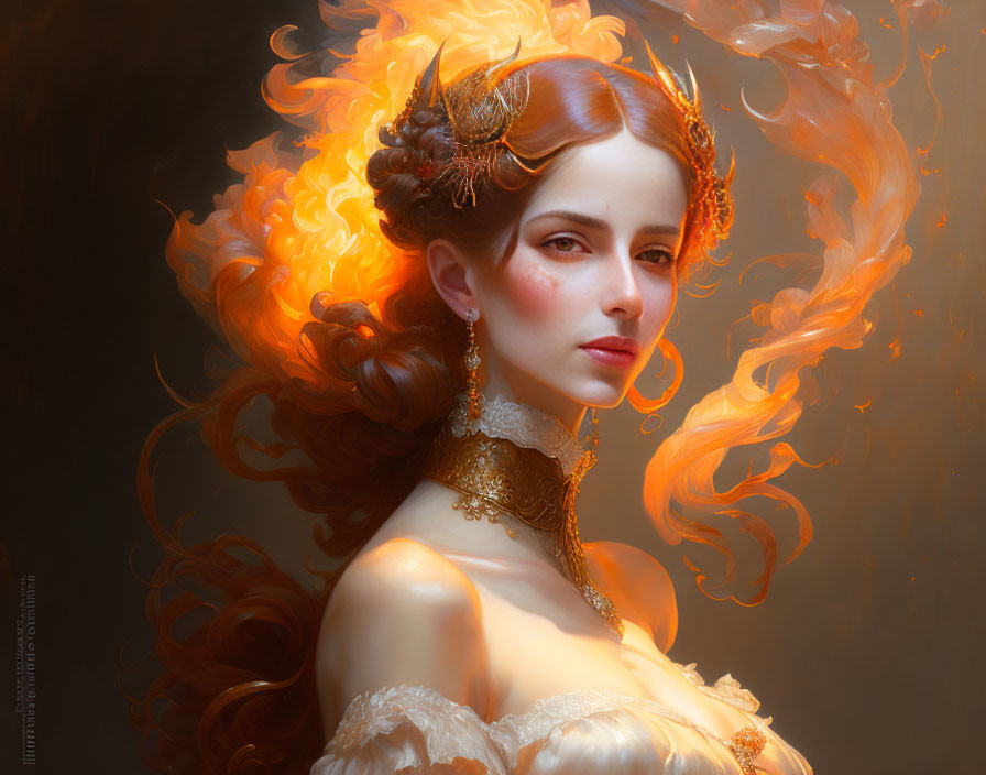 Fiery red-haired woman portrait with gold accessories