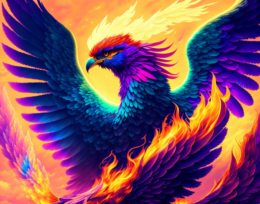 Colorful Phoenix Digital Artwork with Fiery Wings and Swirling Background