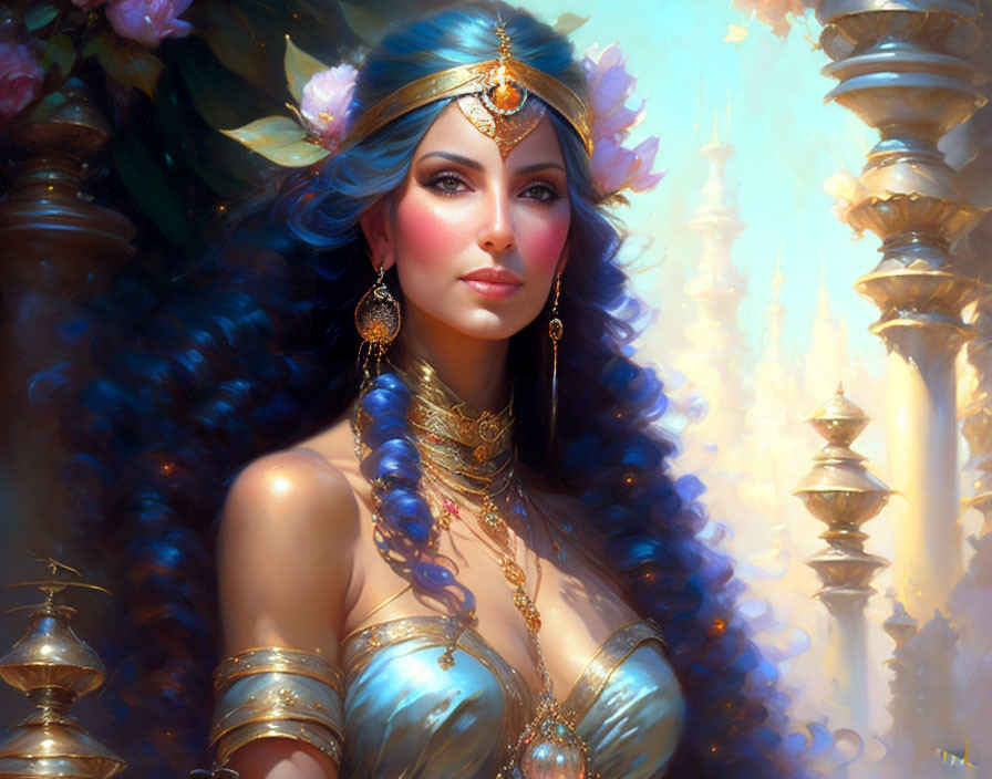 Regal woman with blue flowers and gold jewelry in fantasy artwork