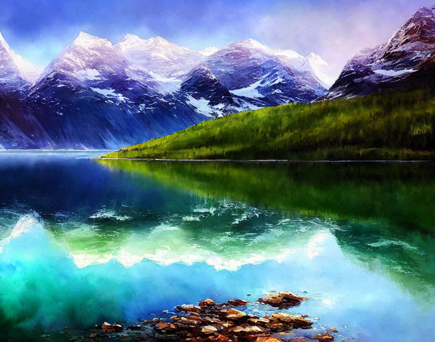 Snow-capped mountains, serene lake, lush green shoreline, rocks in water