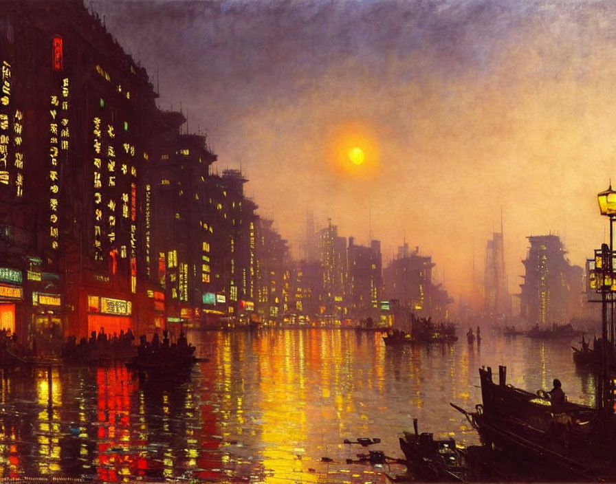 Bustling riverside cityscape at dusk with neon signs and traditional boats