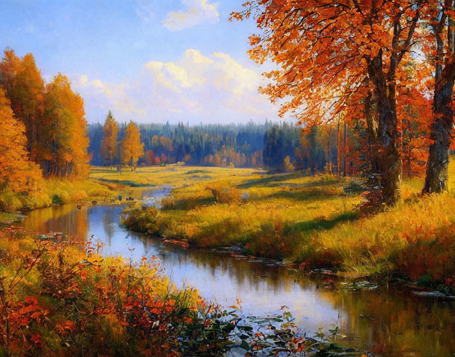 Vibrant autumn landscape with orange and yellow trees by a meandering river