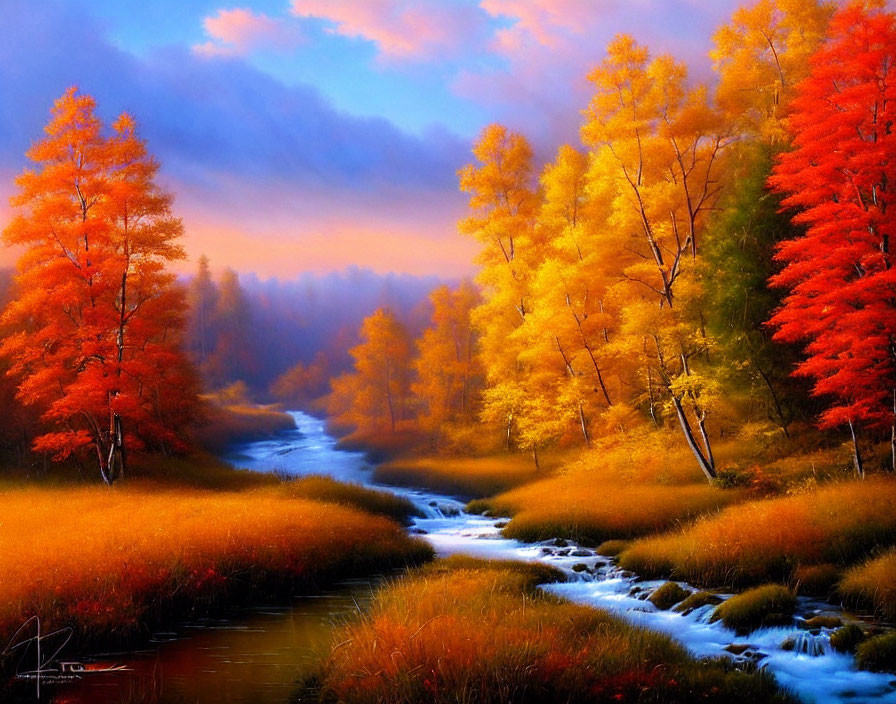 Scenic autumn landscape with meandering stream and colorful foliage