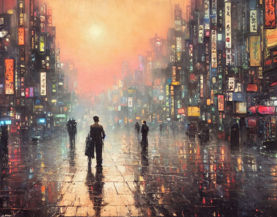 Futuristic cityscape at dusk with neon signs and silhouettes