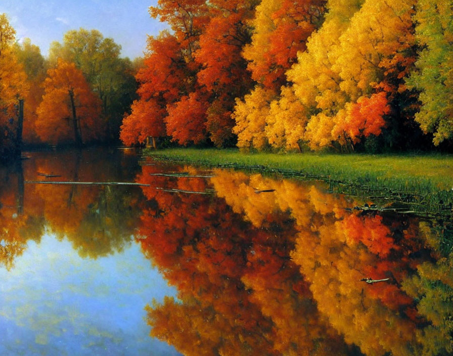 Tranquil autumn river reflecting colorful foliage
