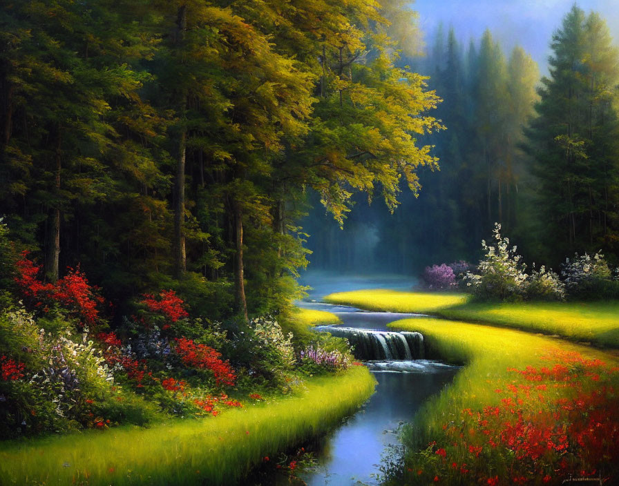 Tranquil woodland scene with waterfall, red wildflowers, lush greenery