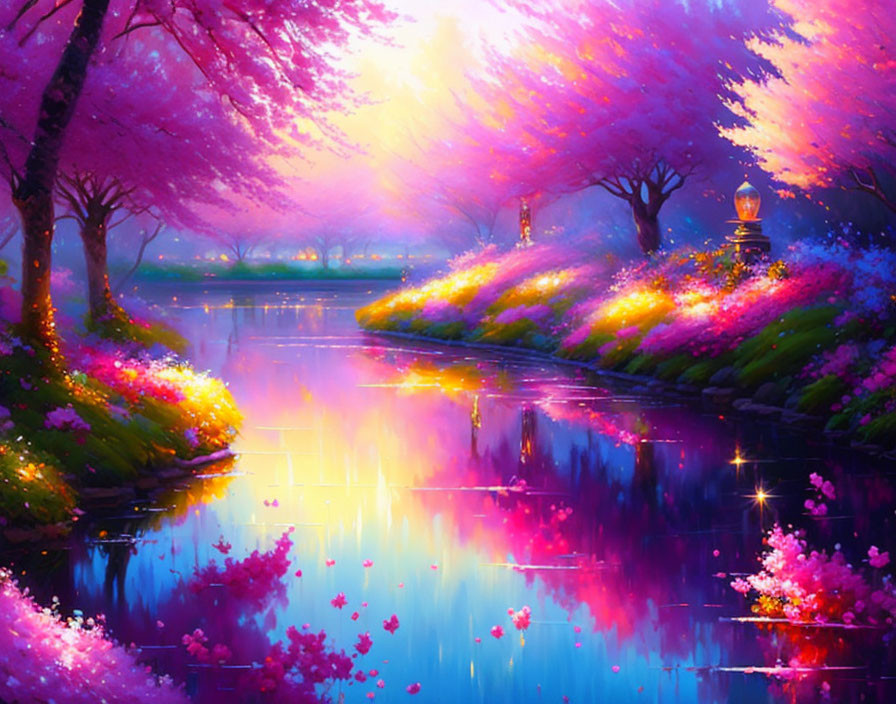 Colorful Painting: Serene Riverside with Pink Trees & Glowing Lamp Post