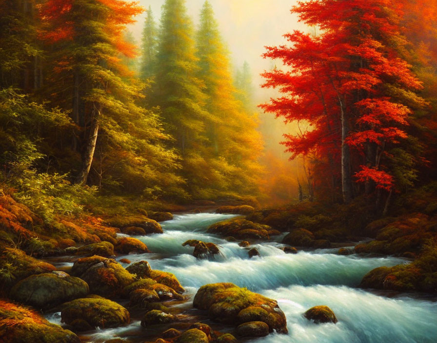 Tranquil river in vibrant autumn forest with green, orange, and red trees