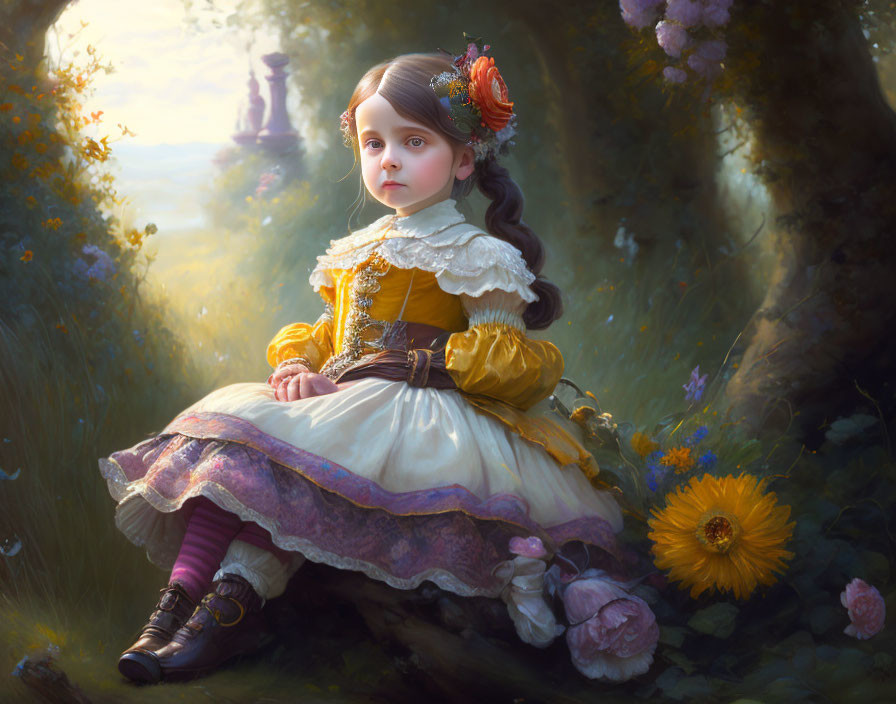 Young girl in vintage yellow and purple dress in sunlit forest clearing with flowers and distant towers