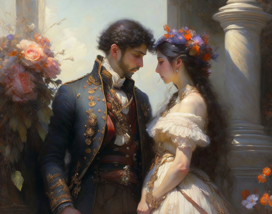 Romantic painting of man and woman in military uniform and elegant dress gazin