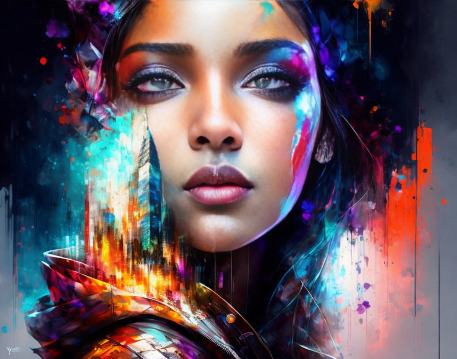 Colorful Abstract Digital Art of Woman with Striking Makeup