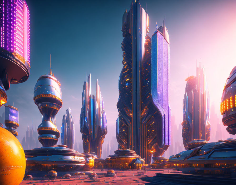 Futuristic cityscape: towering skyscrapers, neon lights, sleek architecture