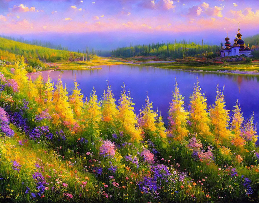 Serene lake, flower fields, forest, orthodox church in vibrant painting