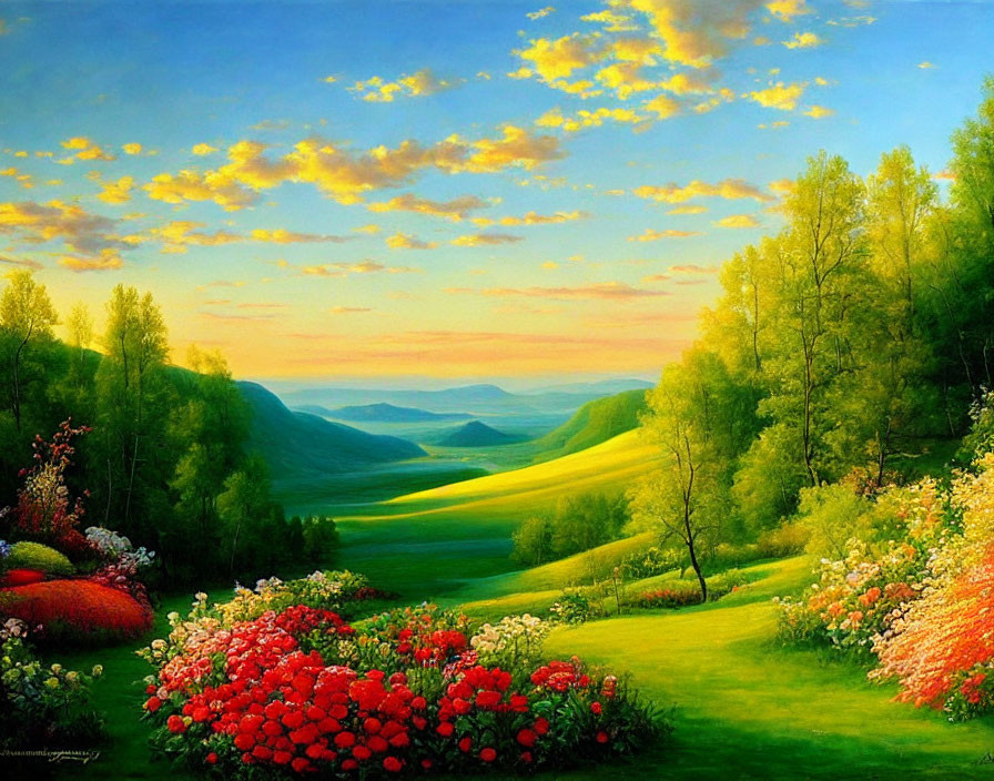 Vibrant flowers and rolling hills under a sunset sky