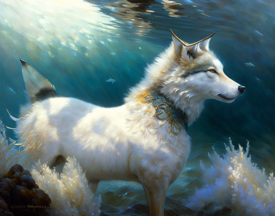 Majestic white wolf with golden highlights in shallow water among soft coral and sunlight.