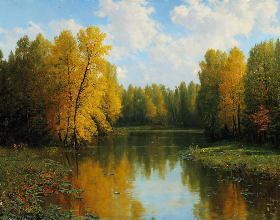 Tranquil autumn landscape with golden trees reflected in calm lake