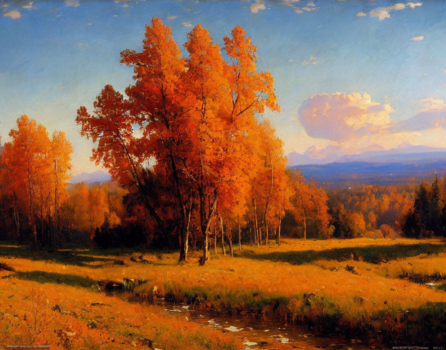 Vibrant autumn landscape with orange trees, meadow, and mountains