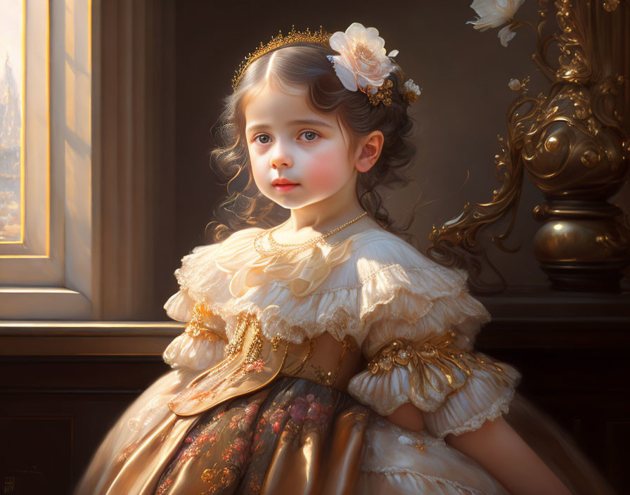 Young girl portrait in golden dress with floral accents, softly illuminated.