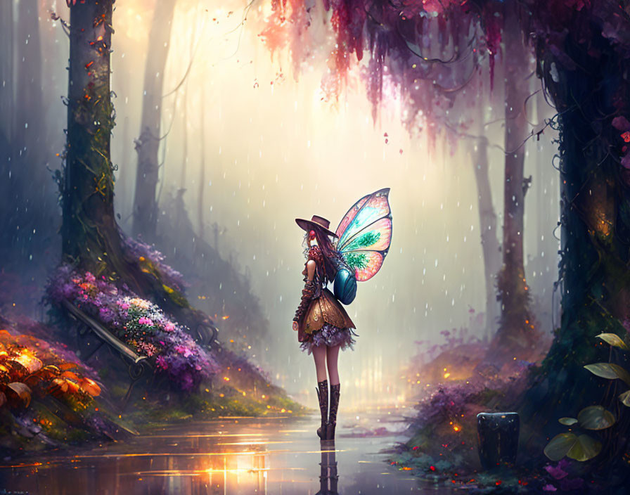 Winged fairy-like character in mystical forest glade