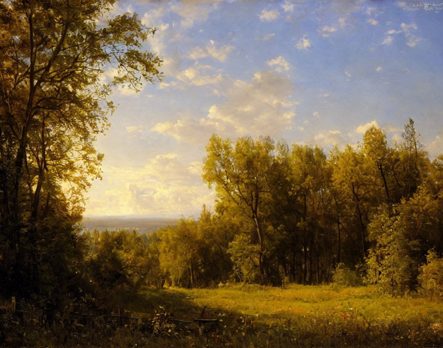 Tranquil landscape painting with lush trees, golden sunlight, blue sky, fluffy clouds, and distant