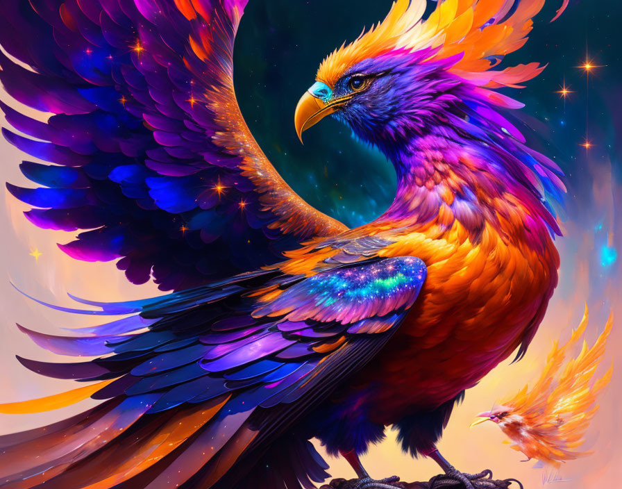 Colorful Phoenix Illustration with Spread Wings in Starry Sky