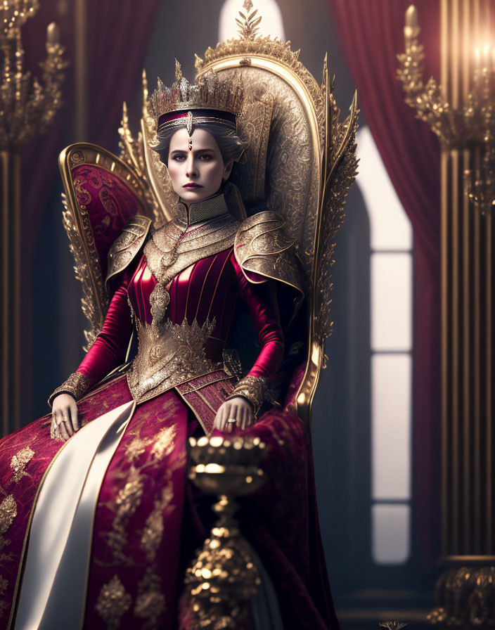 Regal queen in red and gold on throne in luxurious room