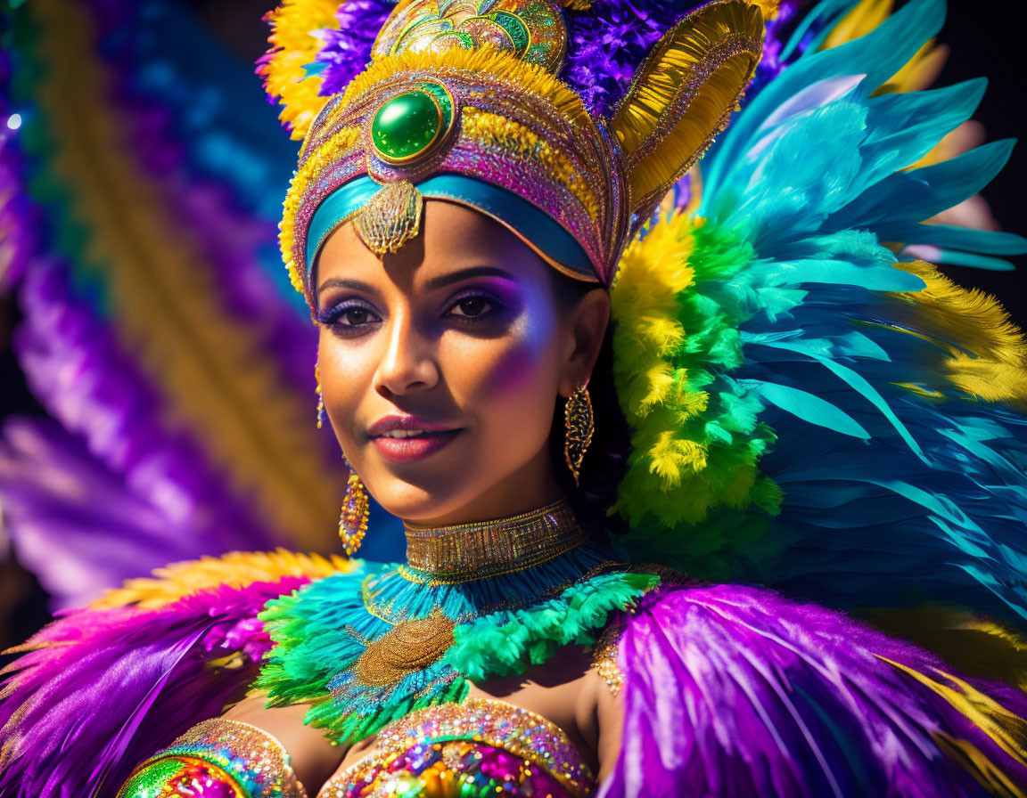 Colorful Carnival Costume with Purple and Blue Feather Headdress