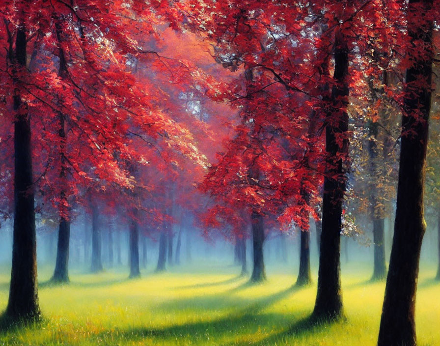 Vibrant forest landscape with lush red foliage