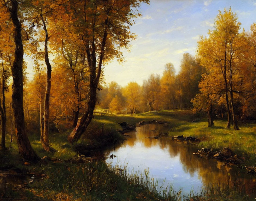 Tranquil autumn landscape with golden trees by a reflective river