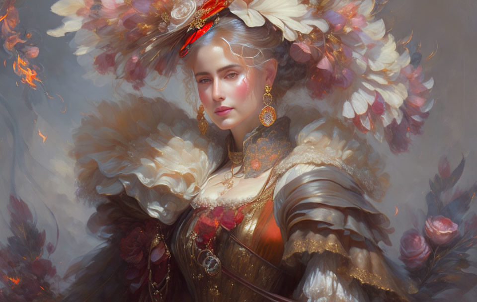 Regal woman with golden jewelry and ornate headdress among floral motifs